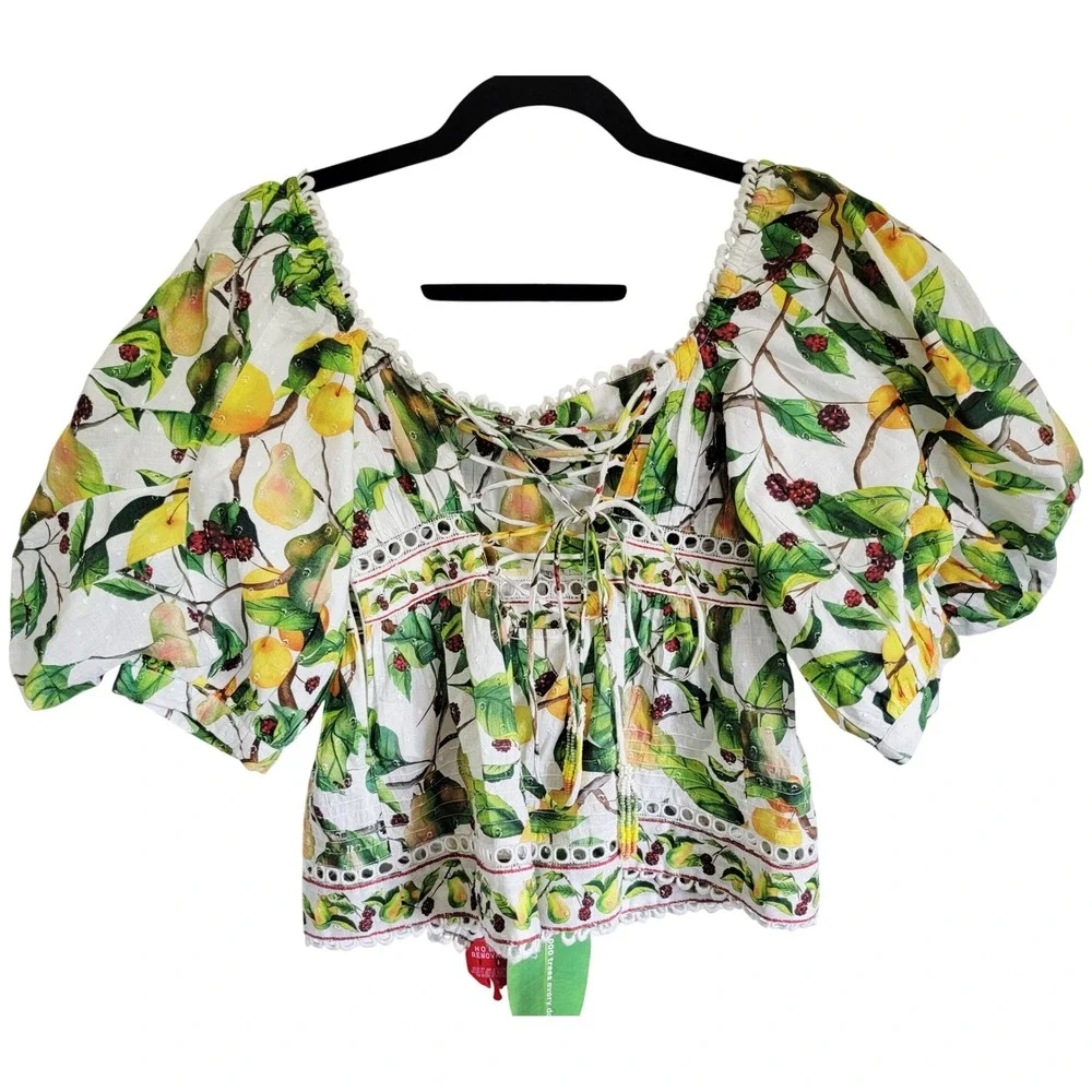 Farm Rio Women's Puff Sleeve Lace Up Back Fruit Orchard Blouse XS NWT‎ RV $165